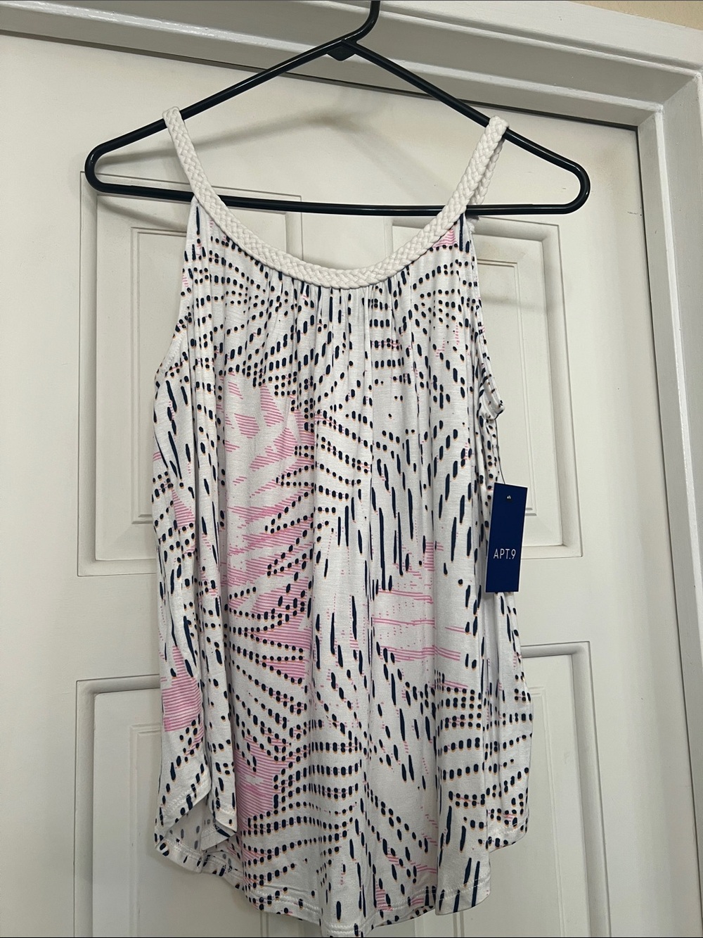 Apt. 9 White Navy & Pink Printed Braided-Strap Tank